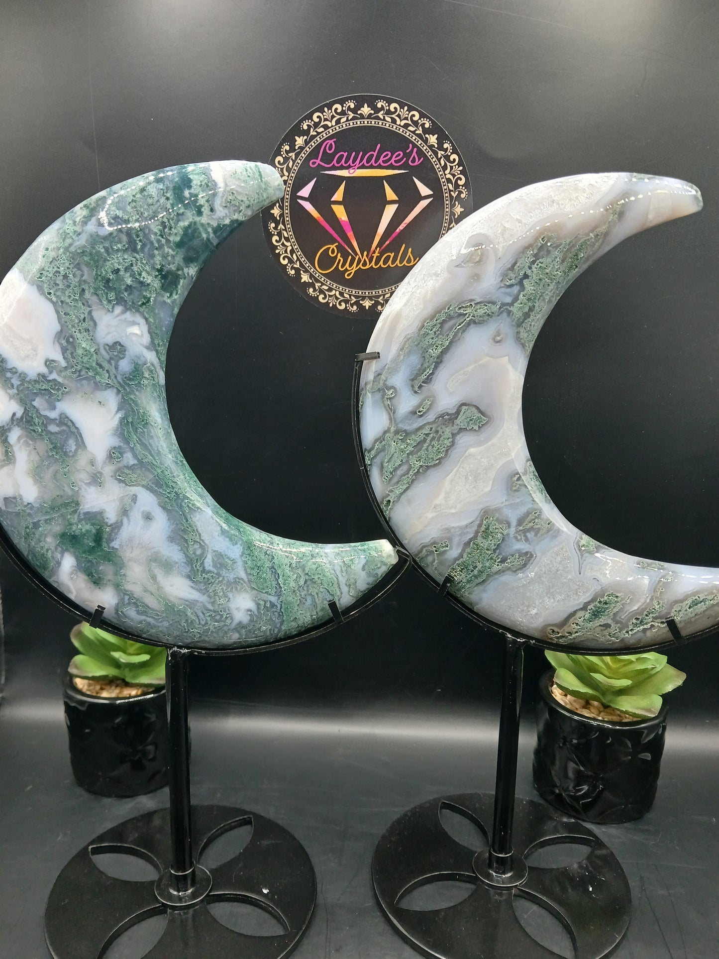 LARGE MOSS AGATE MOONS ON STANDS