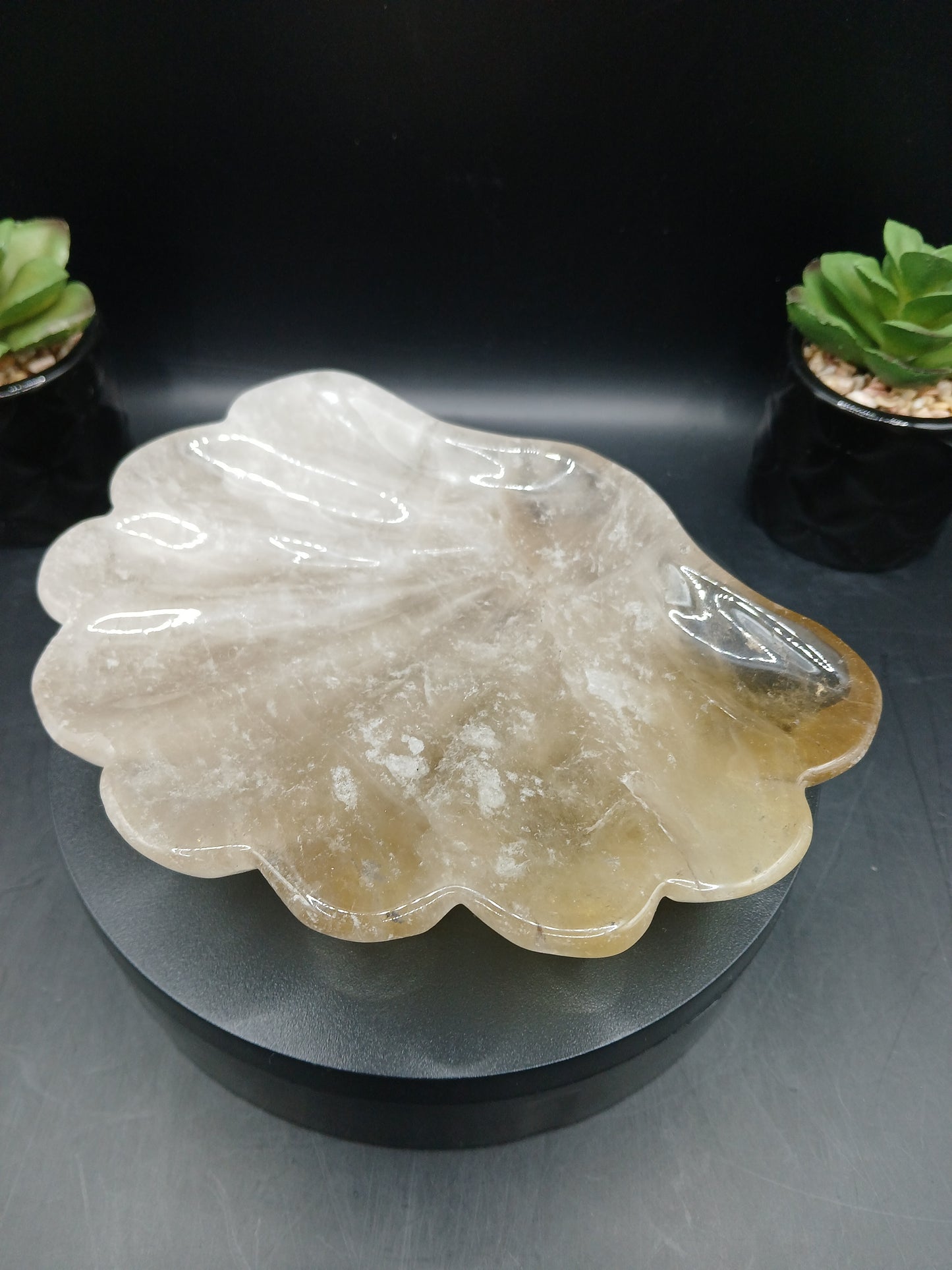 LARGE CITRINE & SMOKY QUARTZ SHELL DISH