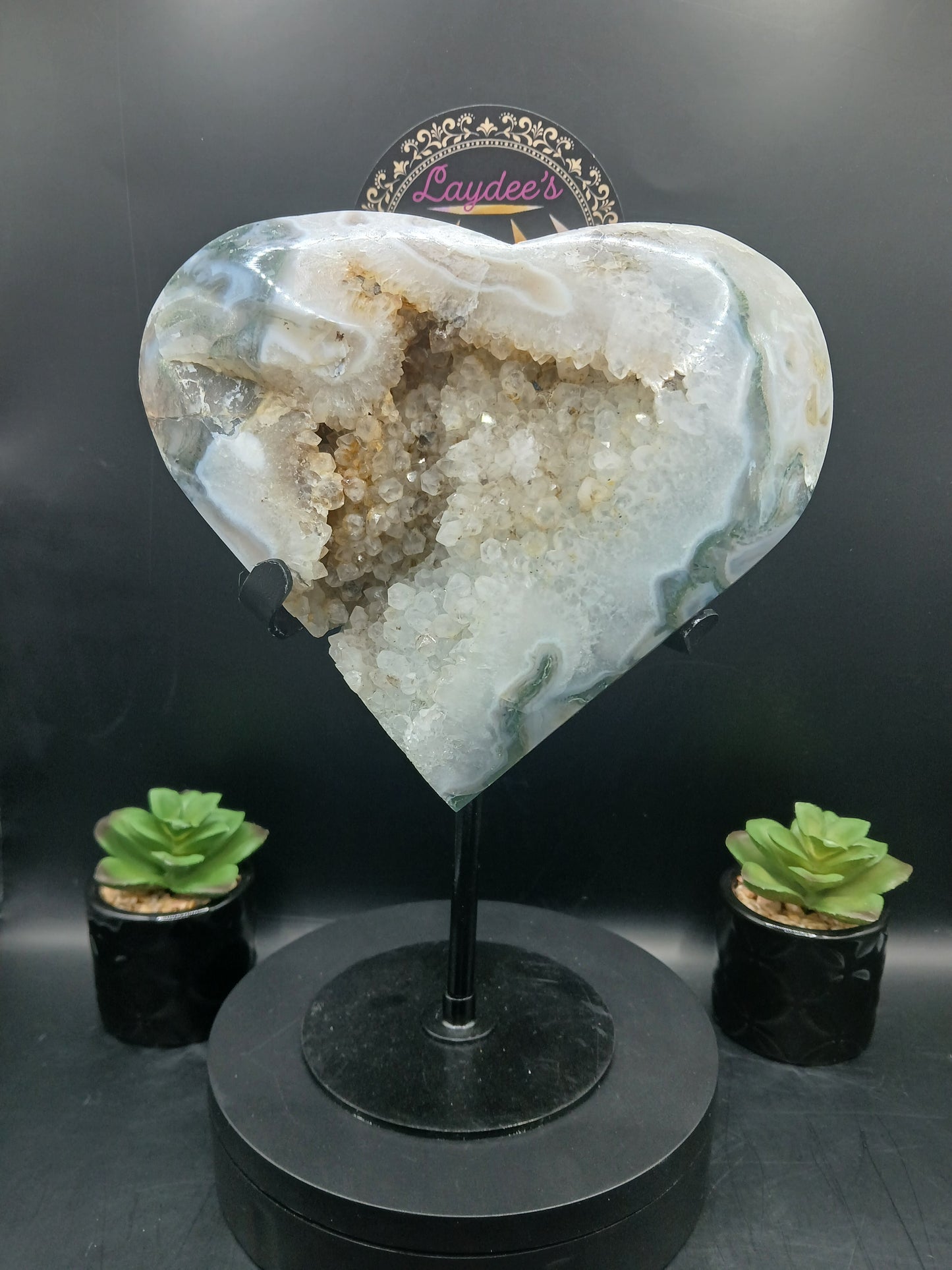 DRUZY MOSS AGATE HEART ON STAND