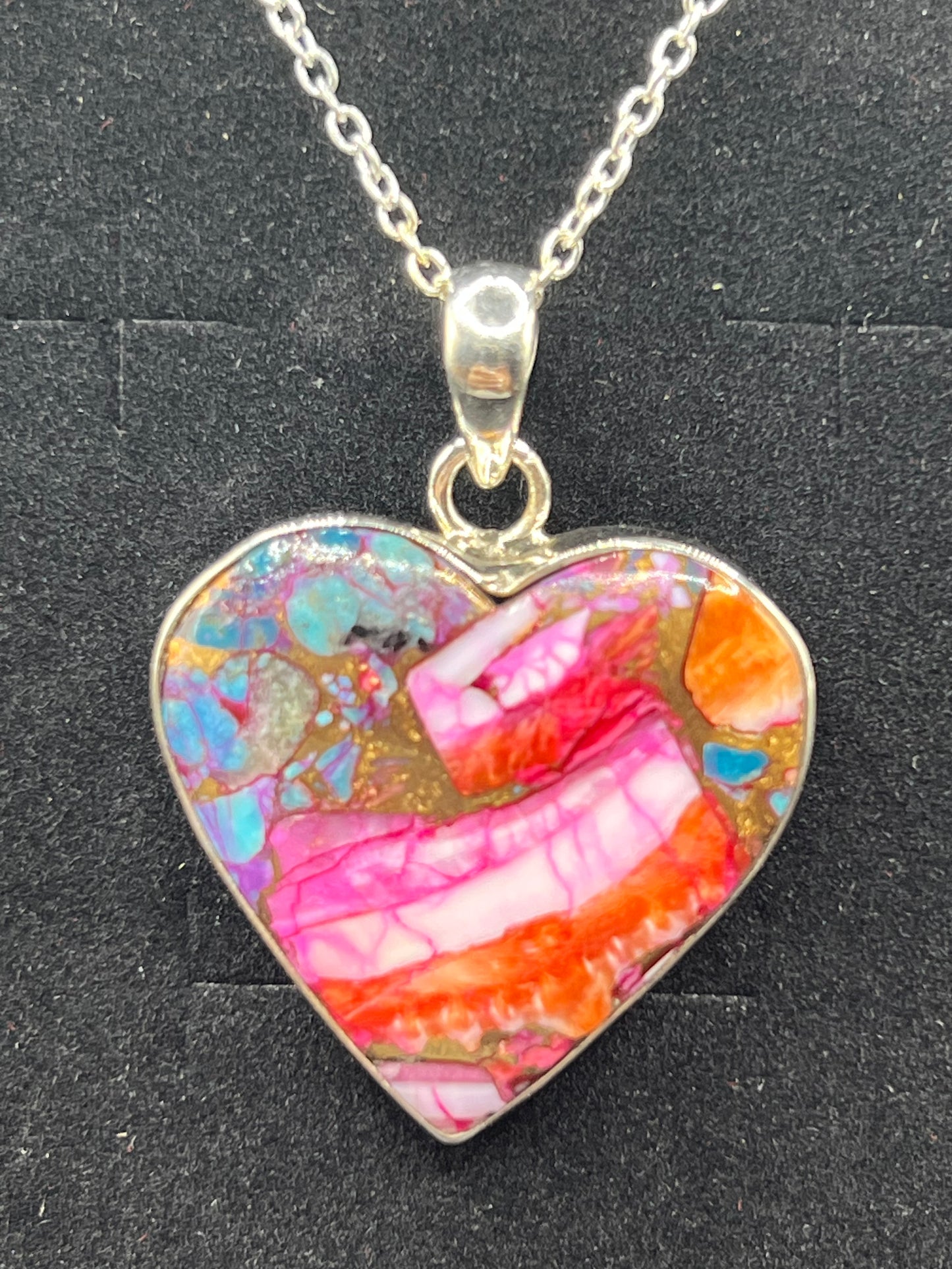 925 SILVER PINK OYSTER COPPER TURQUOISE HEART PENDANT & CHAIN