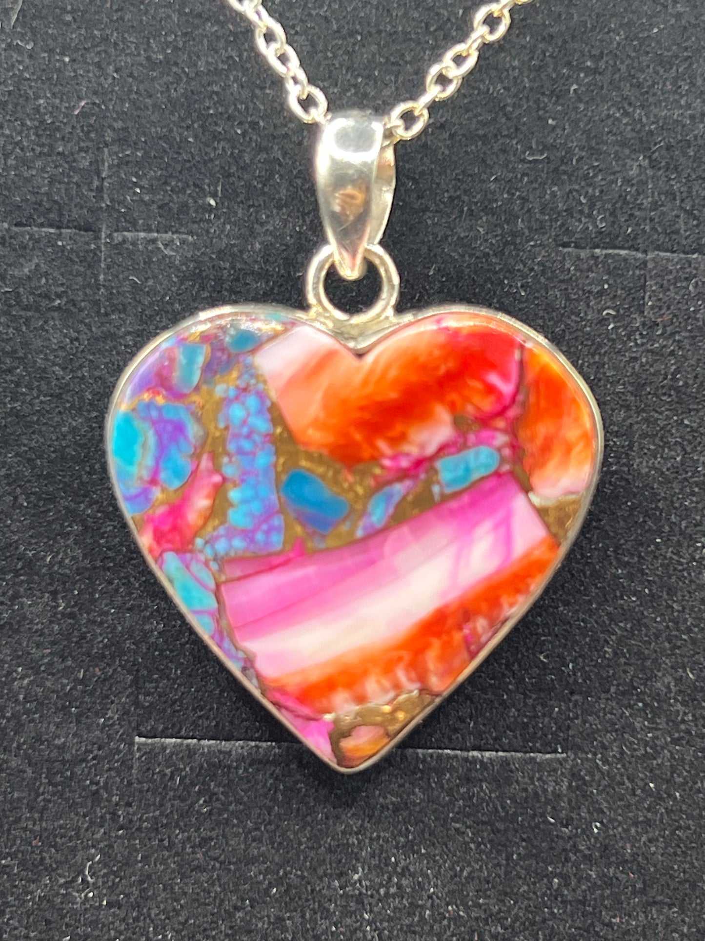 925 SILVER PINK OYSTER COPPER TURQUOISE HEART PENDANT & CHAIN