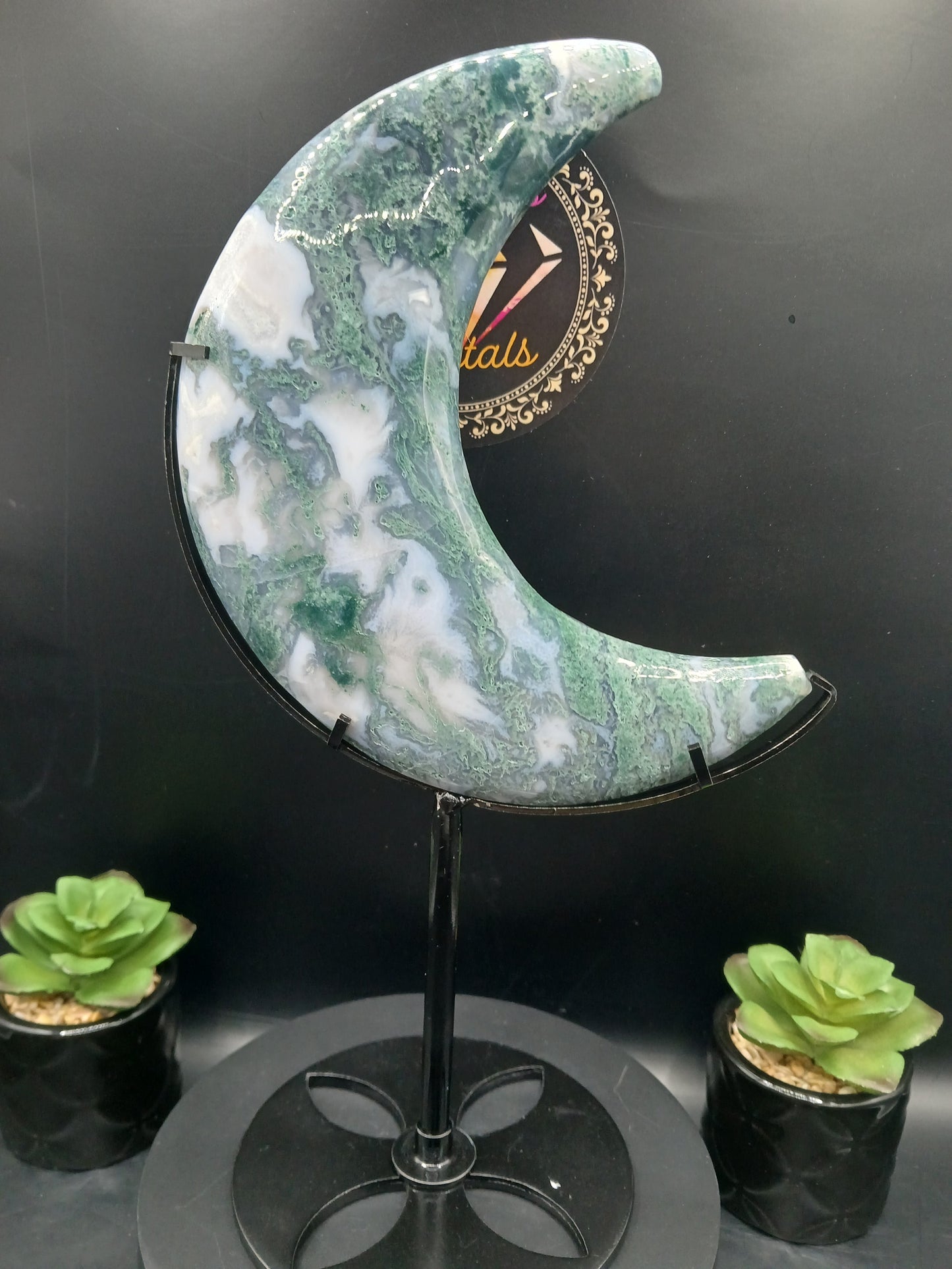 LARGE MOSS AGATE MOONS ON STANDS
