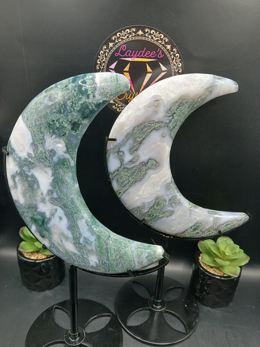 LARGE MOSS AGATE MOONS ON STANDS