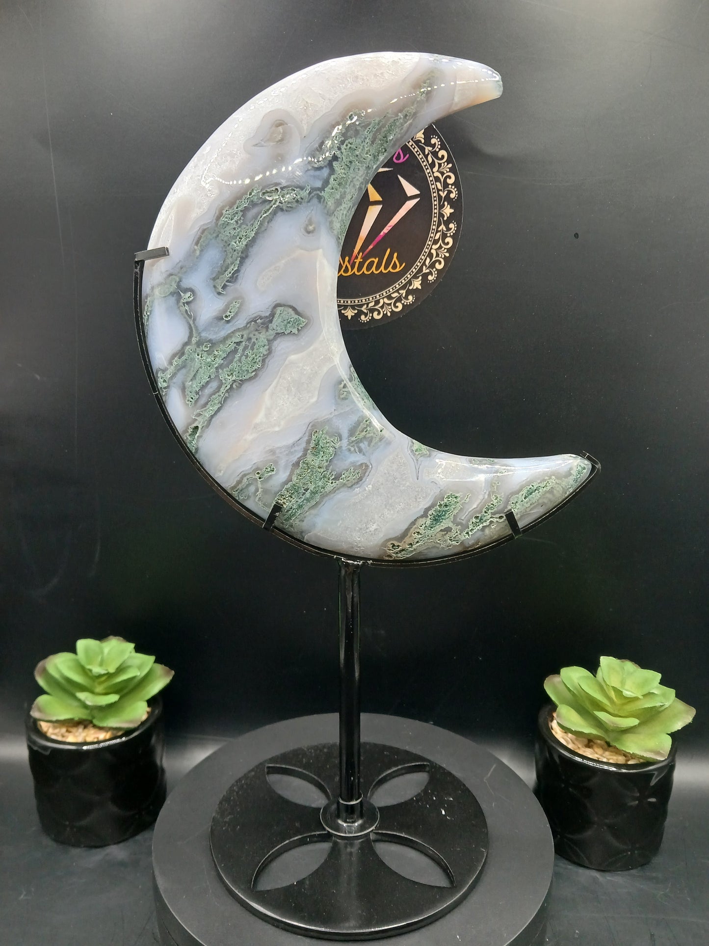 LARGE MOSS AGATE MOONS ON STANDS