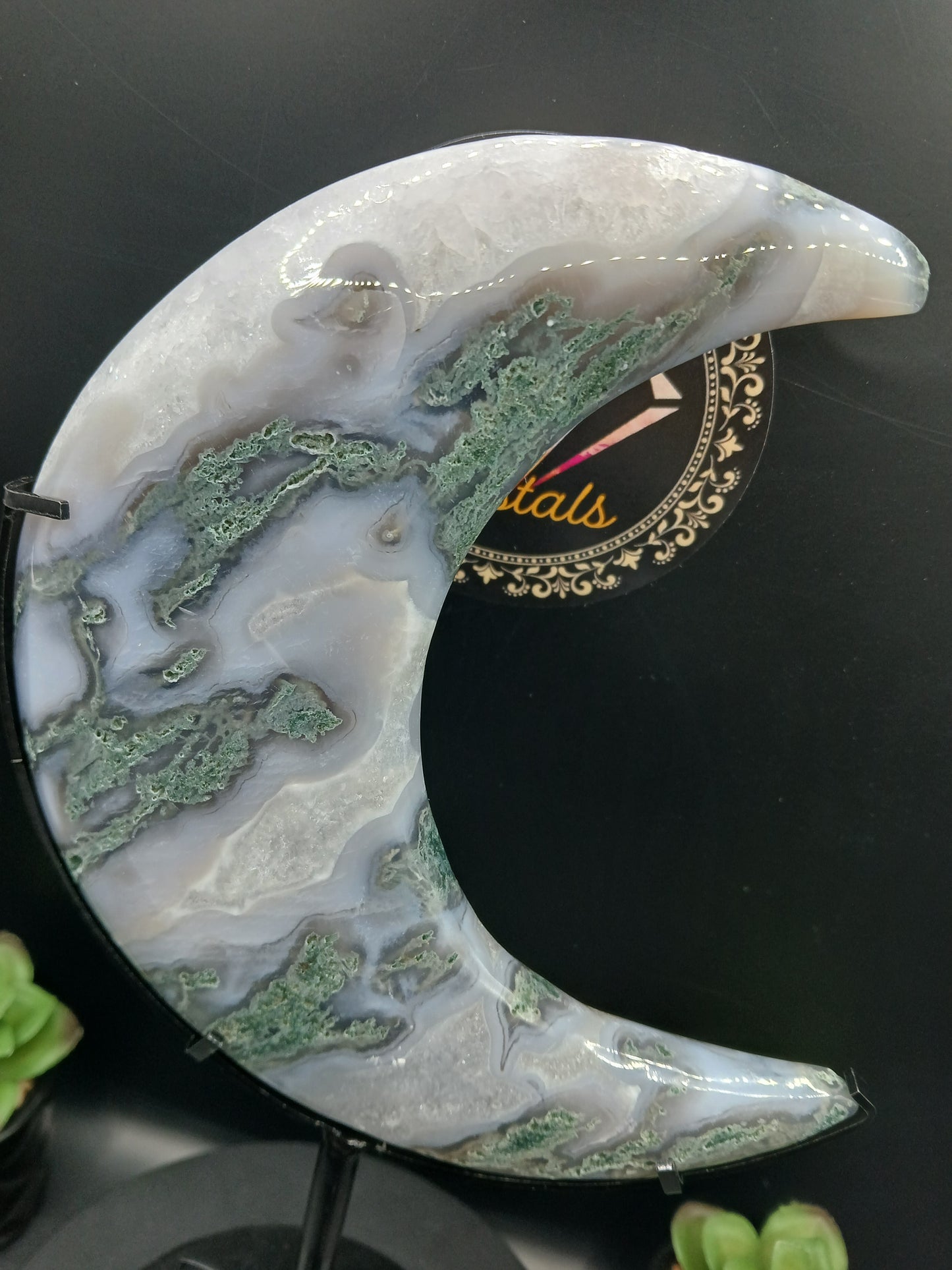 LARGE MOSS AGATE MOONS ON STANDS