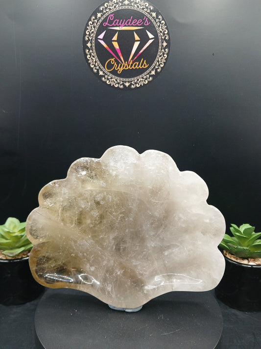 LARGE CITRINE & SMOKY QUARTZ SHELL DISH