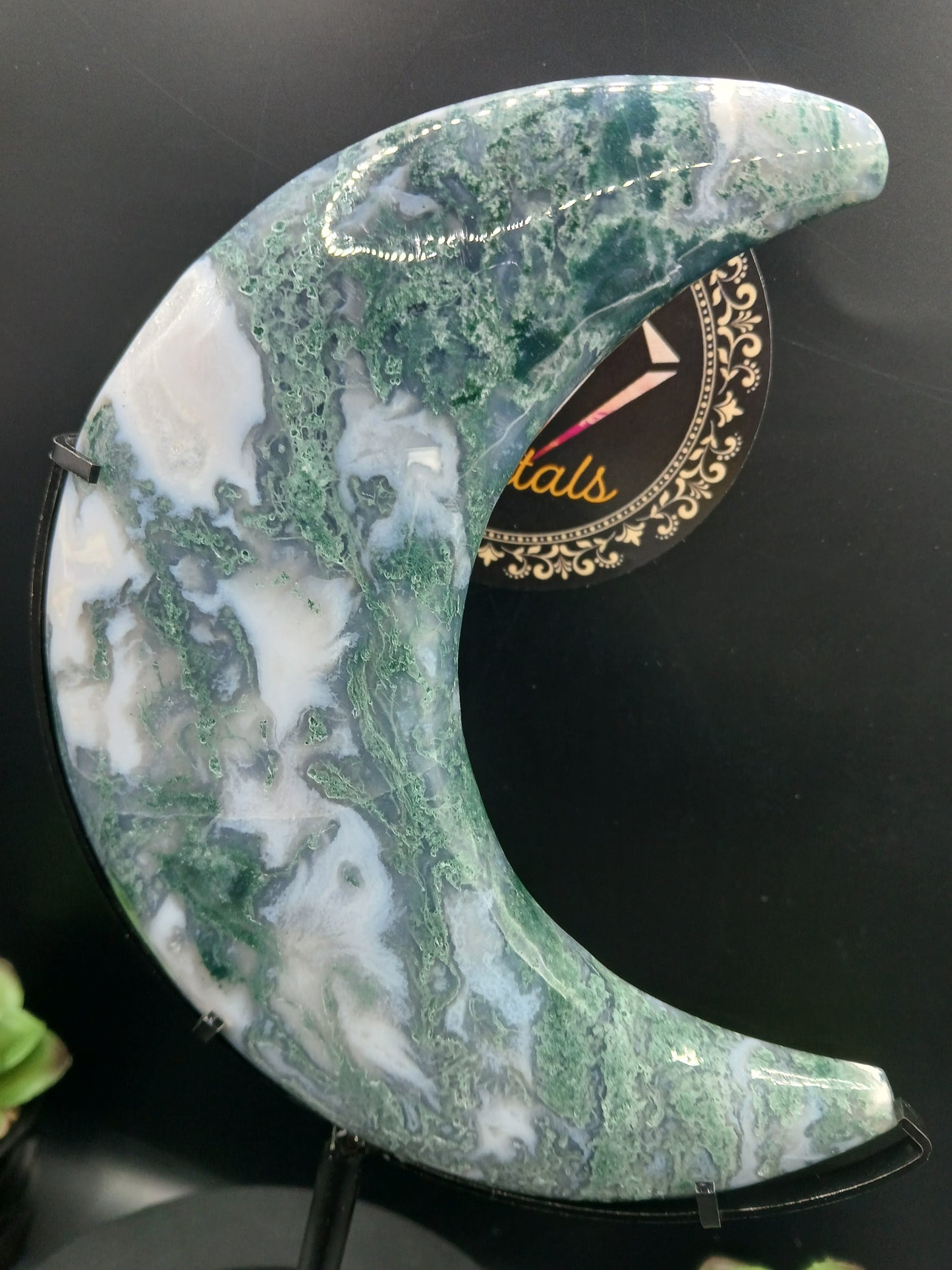 LARGE MOSS AGATE MOONS ON STANDS